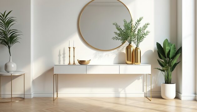 Modern interior hallway features console table with gold vases and mirrors. Green plants add life to neutral tones, bright sunlight streams in.