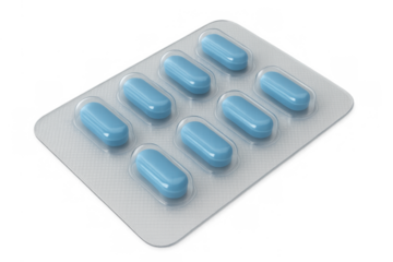 Blue pills in blister pack, representing medicine, healthcare, and treatment for medical conditions, transparent background