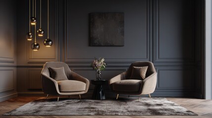 Luxurious living room with gray walls and warm lighting creating a cozy atmosphere in an elegant setting