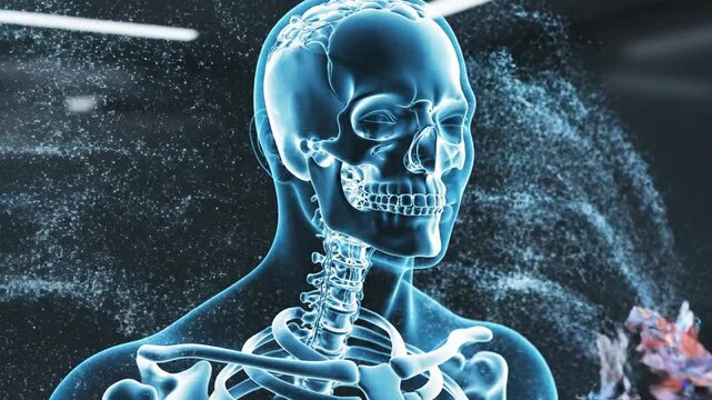 Anatomical illustration of human head and neck muscles with digital overlay