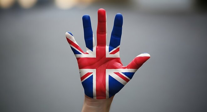 Open hand painted with the Union Jack flag is held up.