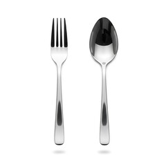 A clean, shiny metal fork and spoon sit side-by-side.
