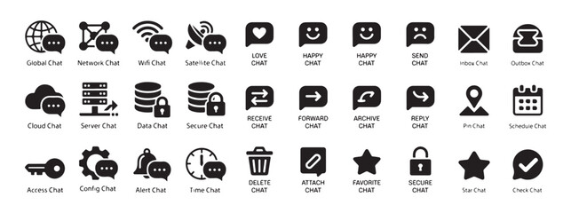 Global network and data chat icons vector set. secure love and happy messages in modern glyph style