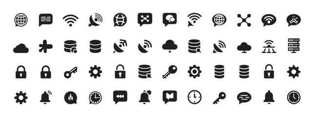 A comprehensive vector collection of communication and technology icons in modern glyph style for various uses