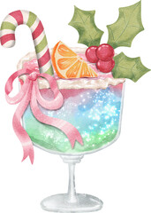 Sparkling Holiday Drink with Candy Cane and Citrus Watercolor Illustration
