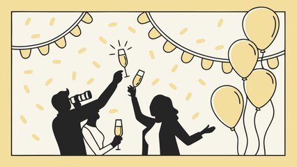 People celebrating with champagne and balloons on a festive occasion