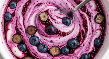 Delicious blueberry yogurt swirl with whole and sliced berries.