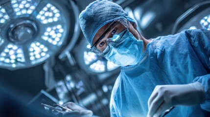 Surgeon performs critical surgery in a modern hospital operating room during a complex medical procedure