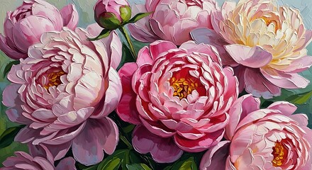 Textured painting of vibrant pink and creamy peonies adorn a light background.