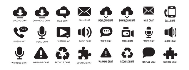 Set of modern chat icons upload download mail call video audio voice warning recycle custom chat bubble elements