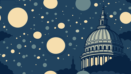 Capitol building under a starry sky with floating light orbs