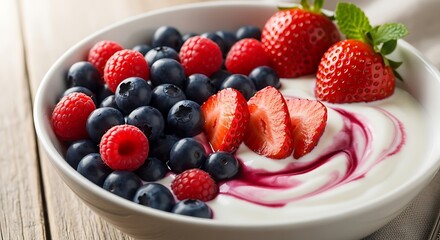White bowl filled with yogurt, blueberries, raspberries, and strawberries.