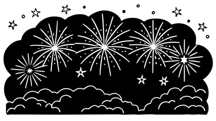 Fireworks exploding in the night sky with stars and clouds