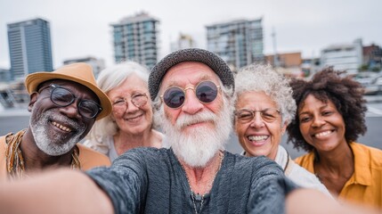 Happy multiracial senior friends enjoying a selfie on a rooftop in the city during a sunny afternoon with smiles and laughter