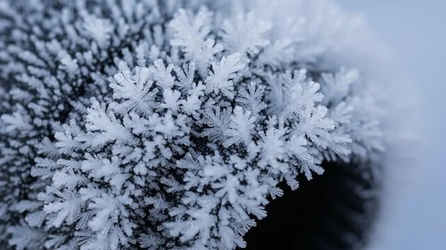 Extreme macro close-up of delicate hoarfrost ice crystals forming on a surface during a cold winter day. Beautiful abstract natural winter background with freezing textures.