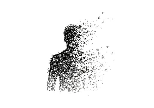 Black and white illustration of a dissolving human torso made of scribbled lines