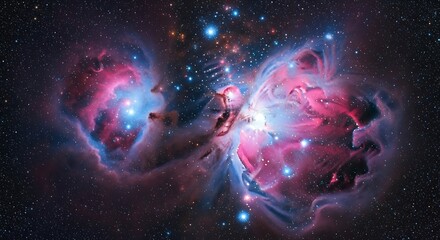Cosmic nebula glows with pink and blue gas clouds and bright stars.
