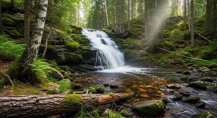 Lush forest with a cascading waterfall and sunbeams filtering through trees.