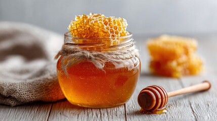 Delicious honey jar with honeycomb and wooden honey dipper on a rustic table