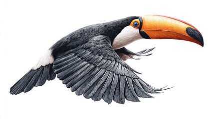 Fototapeta premium Colorful toucan bird in flight against a clean white background