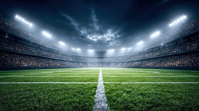 Dramatic view of a football stadium at night with bright lights and a packed crowd