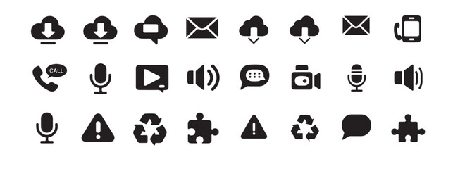 Universal black vector icons set. download, cloud, mail, phone, call, microphone, play, volume, chat, camera, puzzle, alert