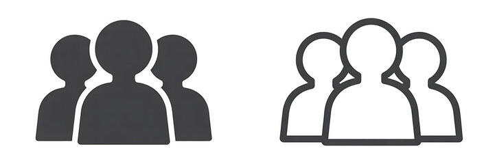 Minimalist icons showing a group of three people, with both filled and outlined versions, isolated on white background
