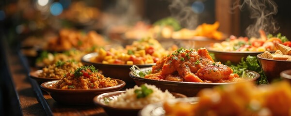 Editorial photo of buffet setup with various delicious dishes. Food displayed includes salads vegetables meat and other diverse items. Restaurant catering event banquet ideal for culinary promotion.