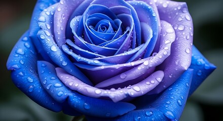 Blue rose with water droplets, a close-up macro view.