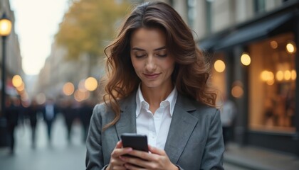 Fototapeta premium Young business woman uses smartphone on city street. Female looks at mobile device, texting message, browsing web, navigating maps. Person in urban setting, blurred background.