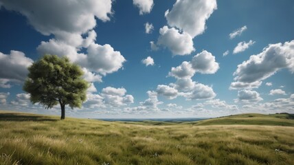Fototapeta premium Serene Landscape with a Lone Tree Under a Dramatic Cloudy Sky