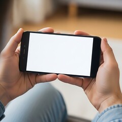 Hands holding a smartphone horizontally with a blank white screen.