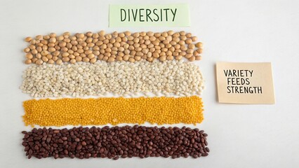 Colorful assortment of legumes and grains arranged on table to symbolize diversity and strength in nutrition and food choices