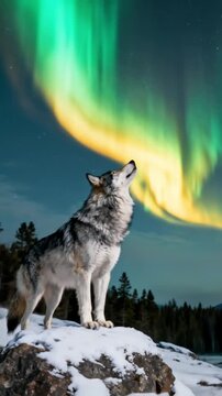 A majestic wolf stands atop a snow-covered rock, its powerful silhouette etched against a dramatic night sky. The wild canine lifts its head, appearing to howl or gaze intently at a breathtaking celes