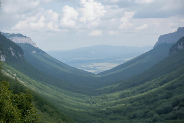 Naklejka premium A breathtaking view of a deep, verdant valley with forested slopes under a partly cloudy sky