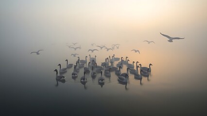 reuniting. Flock of migrating geese reuniting on a misty northern lake at dawn. wildlife magazines, conservation campaigns, designed for nature documentaries and education.