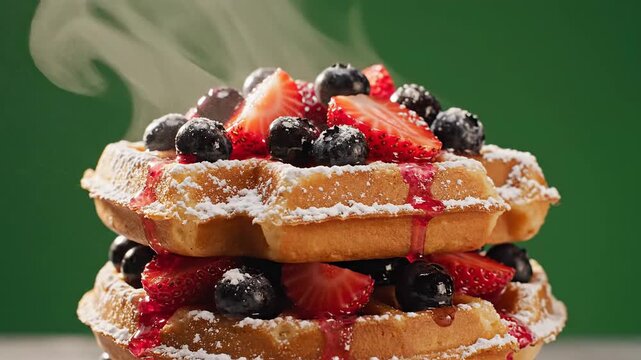 Warm golden waffles stacked high, garnished with fresh strawberries, blueberries, rich berry syrup, and powdered sugar, a delicious and inviting