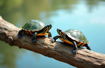 Two red eared slider turtles bask on a weathered log near calm blue water. Their patterned shells and distinctive markings are clear. Reptiles rest peacefully before their daily activities in nature.