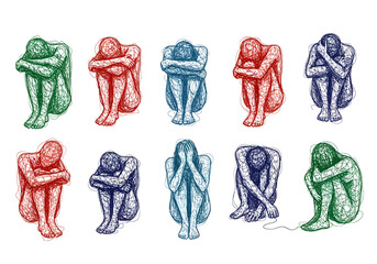 Ten figures in fetal positions drawn in scribble style colored red blue and green