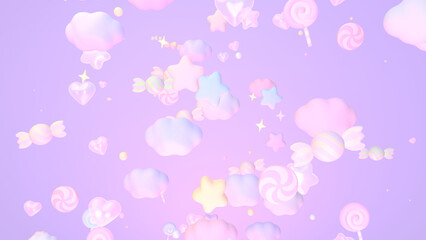 3D render pastel stars and candies in the sky.