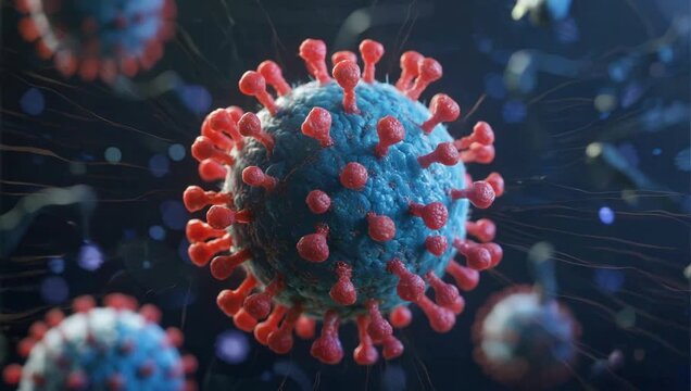 Virus cell with red spikes on blue surface