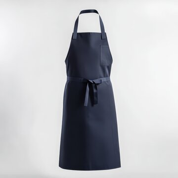 A dark blue apron is shown on a plain background, highlighting its simple, pattern-free design