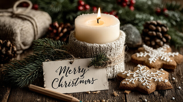 Cozy Christmas scene with candle, cookies and Merry Christmas card on knitted blanket - Powered by Adobe