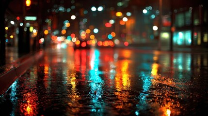 Rainy night reflections on city streets create vibrant urban scenery with glowing lights and moving vehicles