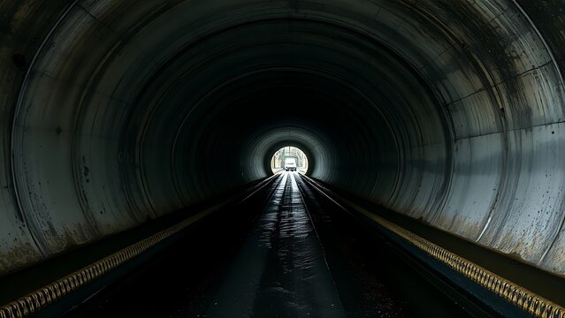 undernourishment. A concrete drainage pipe under a road, wet interior with dripping water, tunnel perspective. real-estate listings.