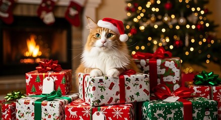 Cat in Santa hat sits on Christmas gifts near fireplace.