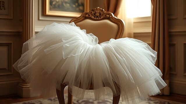 petticoat. A petticoat is draped over an ornate chair in a softly lit ballroom corner. lifestyle magazines, social media lookbooks, designed for lifestyle magazines and social media content.