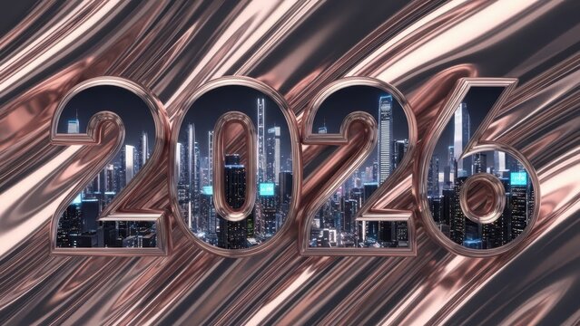 A background of swirling, liquid metal (chrome and rose gold) forming the numbers 2026, with a perfect, refractive reflection of a glowing data city, ultra-sleek and metallic. - Powered by Adobe
