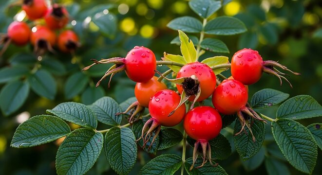 Red rosehip berries with water droplets on green leaves.