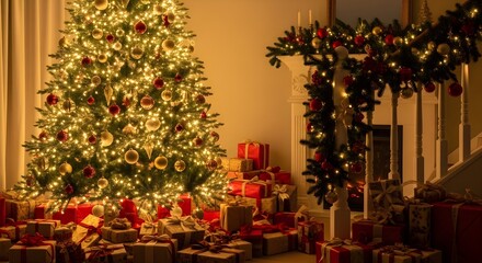 A festive Christmas scene featuring a decorated tree, glowing lights, and wrapped gifts.